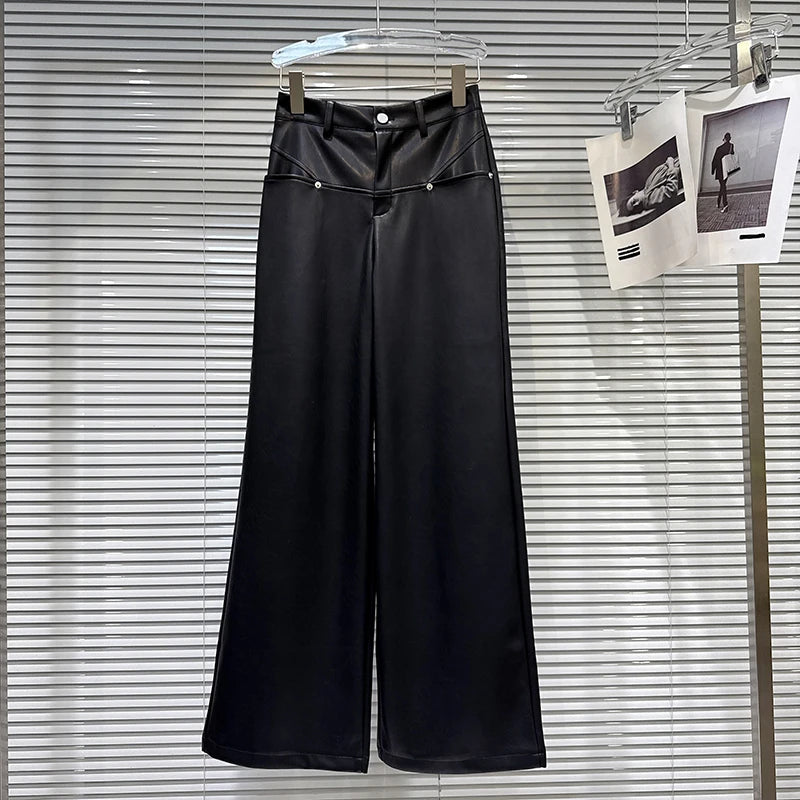 Winter New Fashion Metal Rivet Design PU Leather Pants For Women High Waist Loose Wide-Leg Casual Pant 11A07827 Black