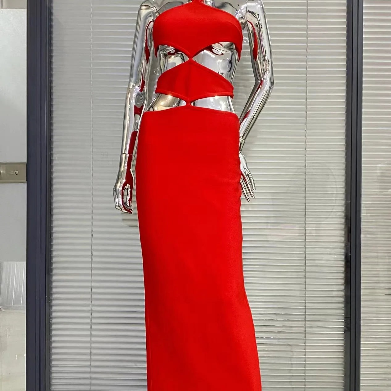 2023 New Summer Red Color Women Sexy Halter Cut Out Bodycon Bandage Long Dress Fashion Birthday Christmas Cocktail Party Dress