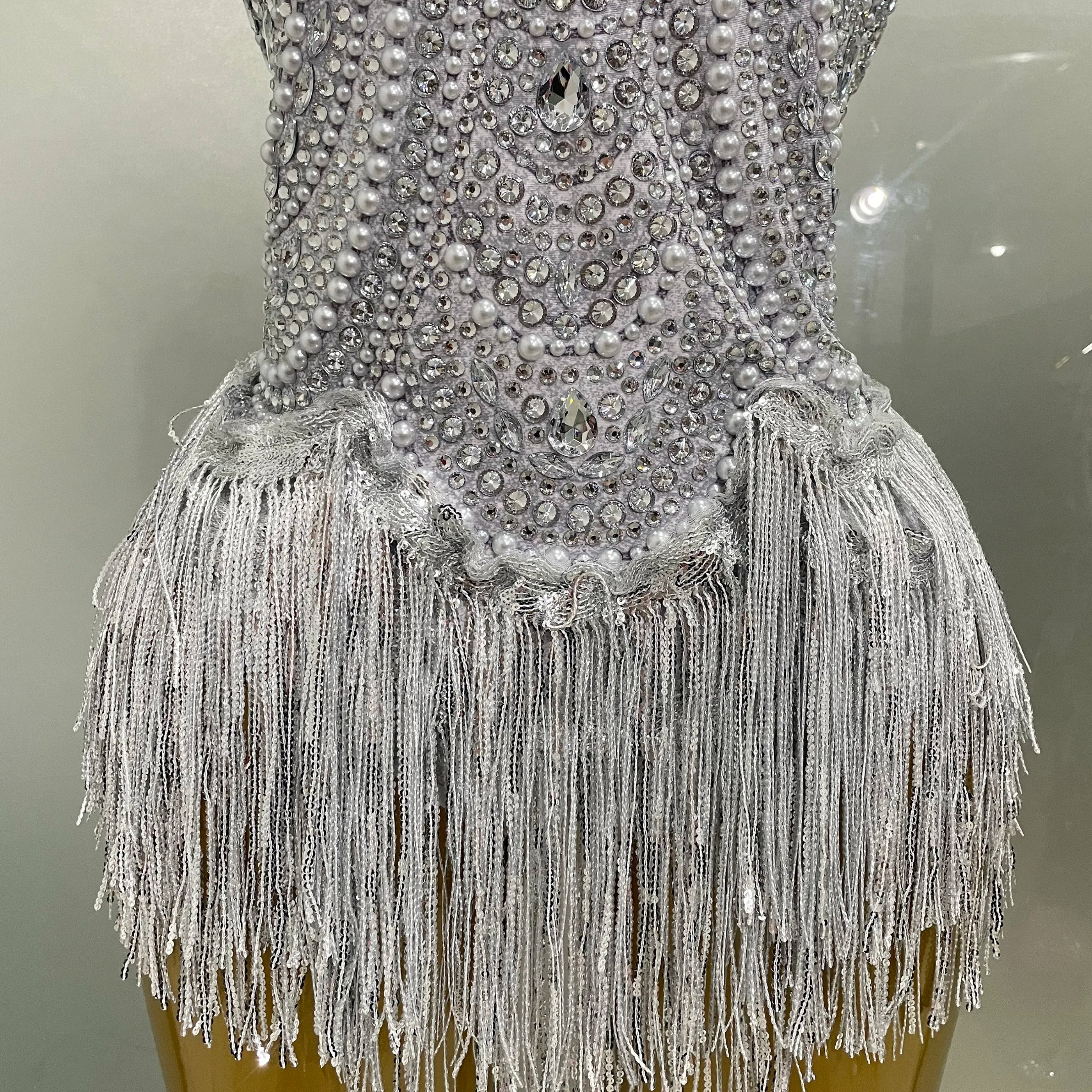 Sparkly Silver Rhinestones Pearl Tassels Bodysuit 2025 New Women Sexy Eveing Birthday Party Nightclub Stage Performance Costume