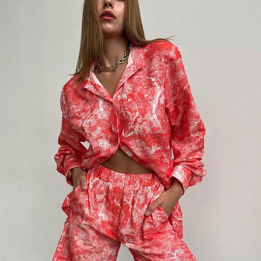 Clacive Fashion Loose Print 2 Piece Sets Women Outfit Elegant Long Sleeve Shirt With High Waist Shorts Set Streetwear