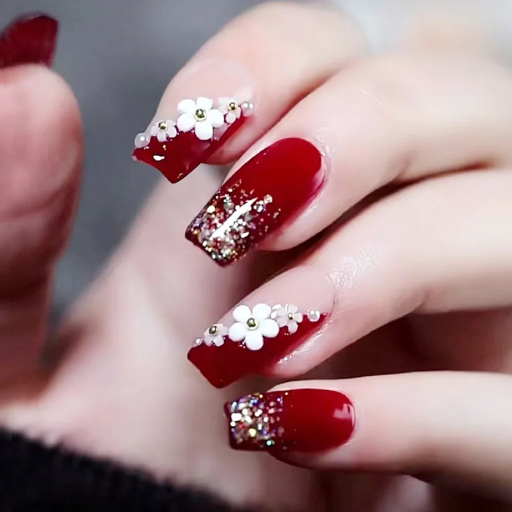 24Pcs Red Fake Nails with 3D White Flower Design Mid Length Coffin Press on Nails Wearable Korean Sweet Flower False Nails 1