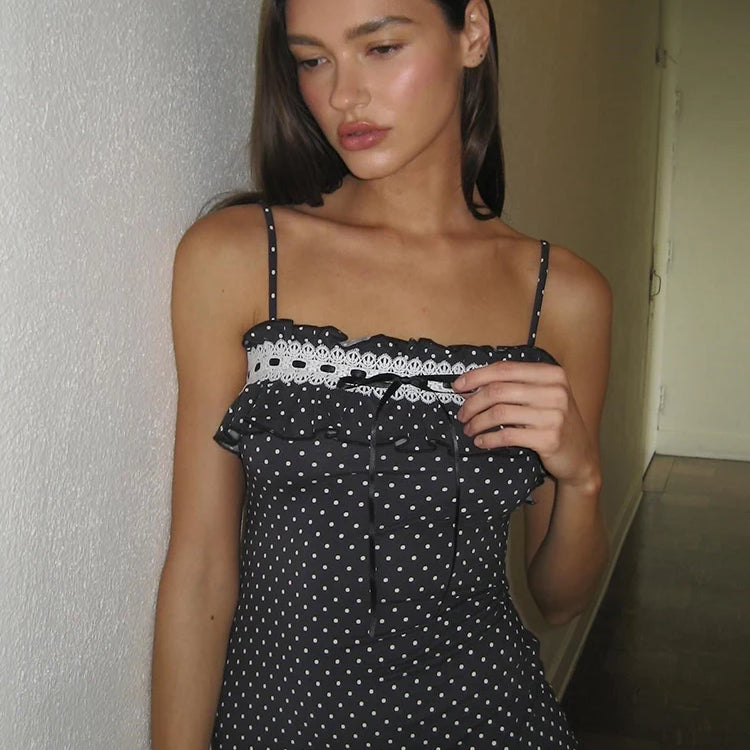 Mozision Spaghetti Strap Polka Dot Mini Dress For Women Robe Contrast Color Off-shoulder Sleeveless Backless Club Party Dress