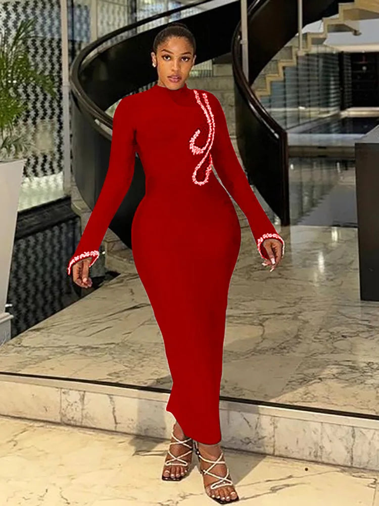 Women Winter Celebrity Sexy Turtleneck Diamonds Black Maxi Long Bodycon Bandage Dress 2024 Elegant Evening Club Party Dress Red