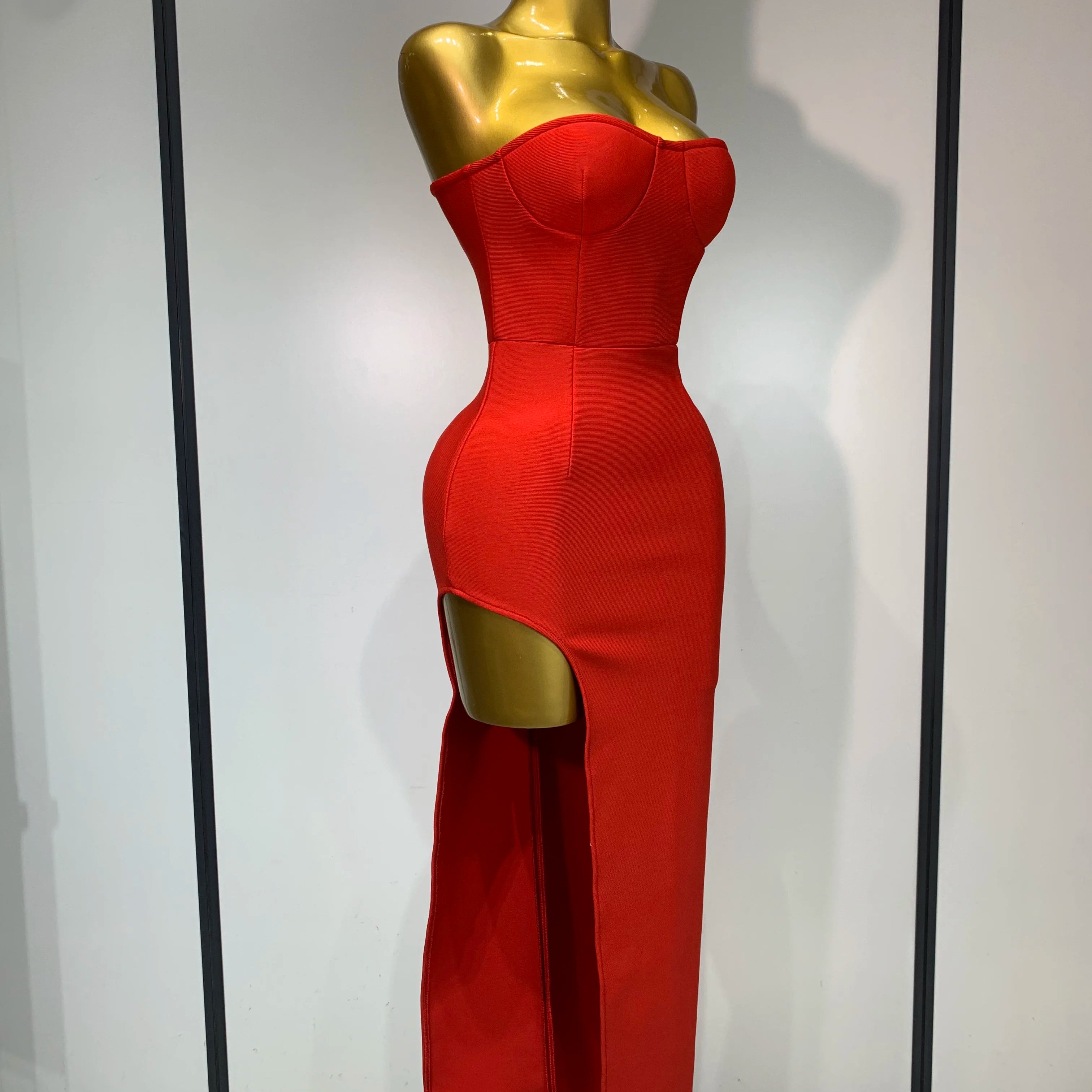 Sexy Red Strapless High Split Long Bandage Dress Luxury Birthday Dress Women Backless Bodycon Dresses Elegant Evening Party Gown
