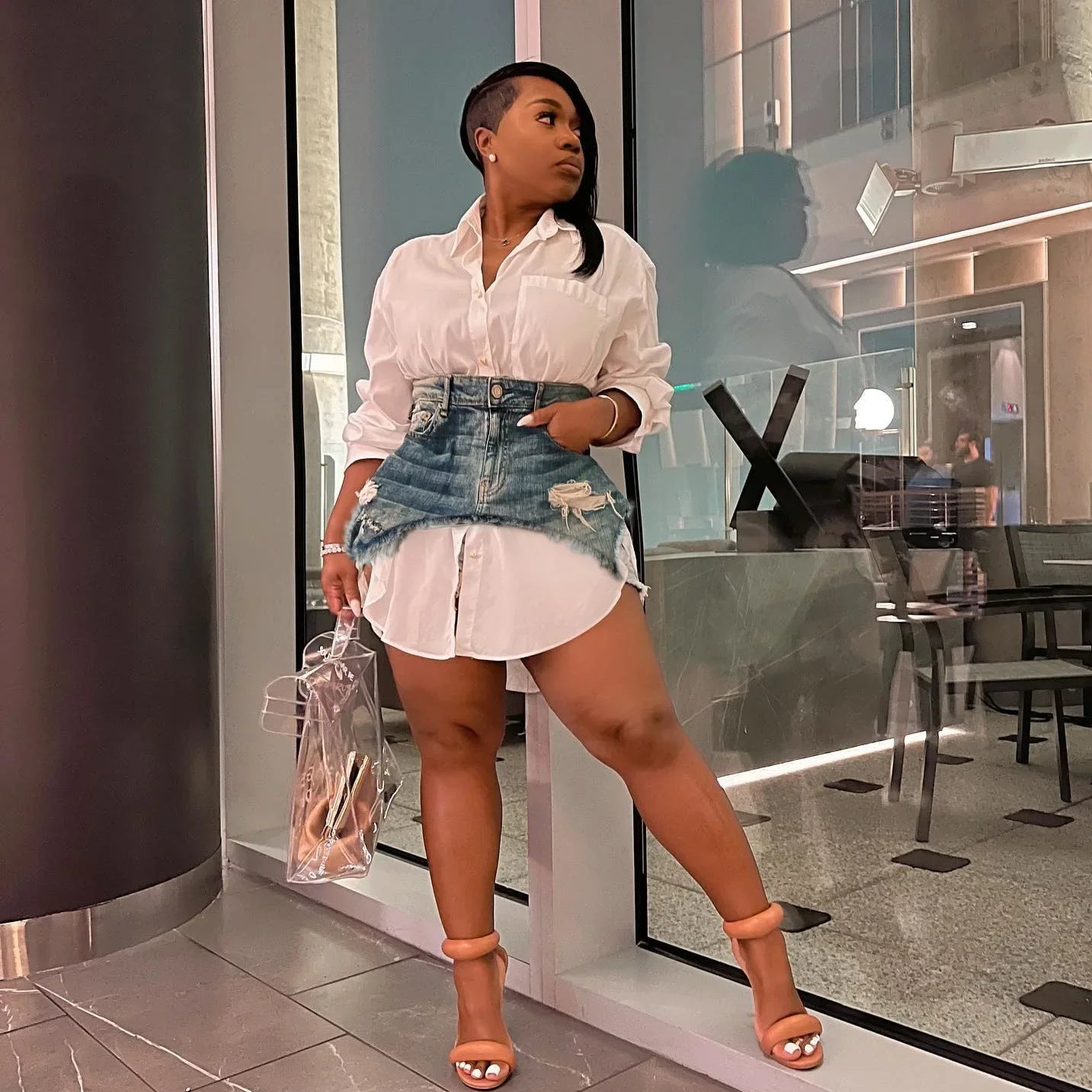 Vintage Women Long Sleeve Turn-down Collar Shirt Blouse Style Dress with Denim Jean Irregular Mini Skirt Two 2 Piece Set WHITE