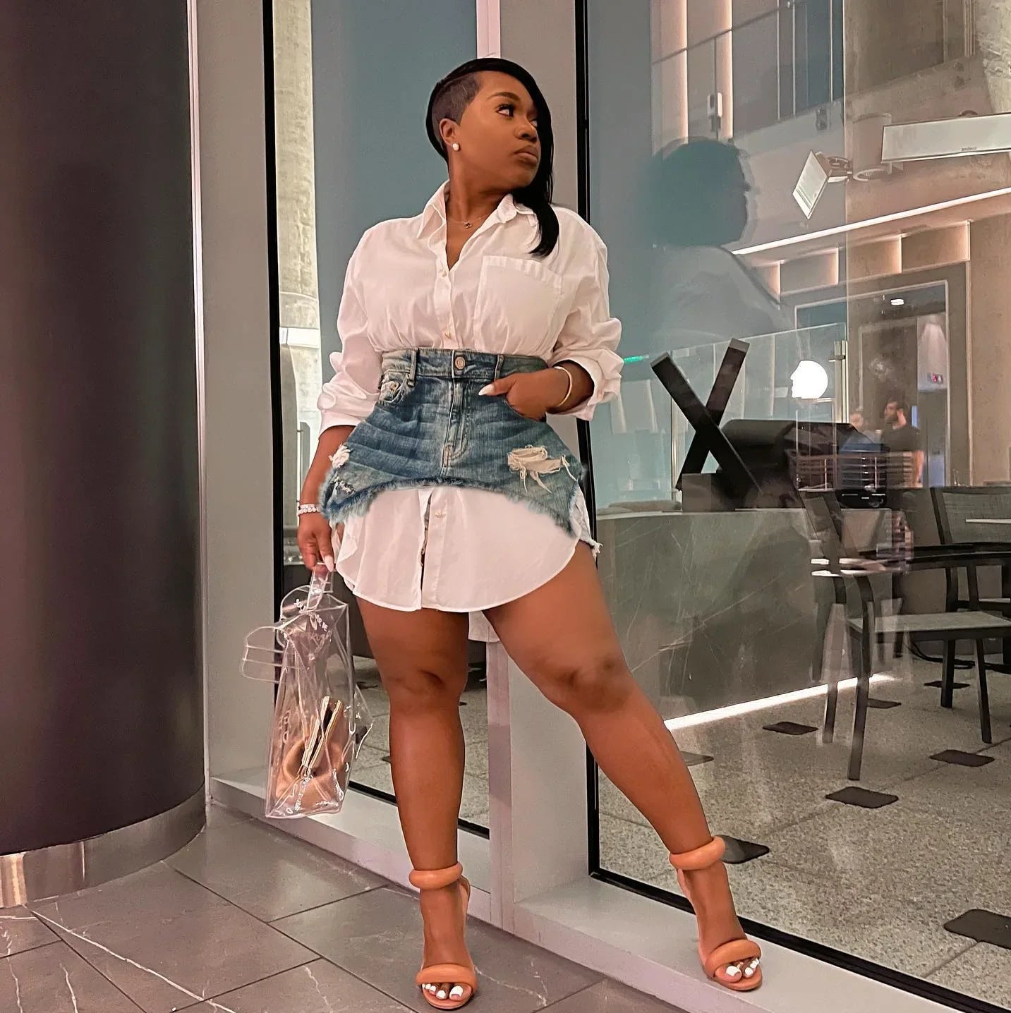 Vintage Women Long Sleeve Turn-down Collar Shirt Blouse Style Dress with Denim Jean Irregular Mini Skirt Two 2 Piece Set WHITE