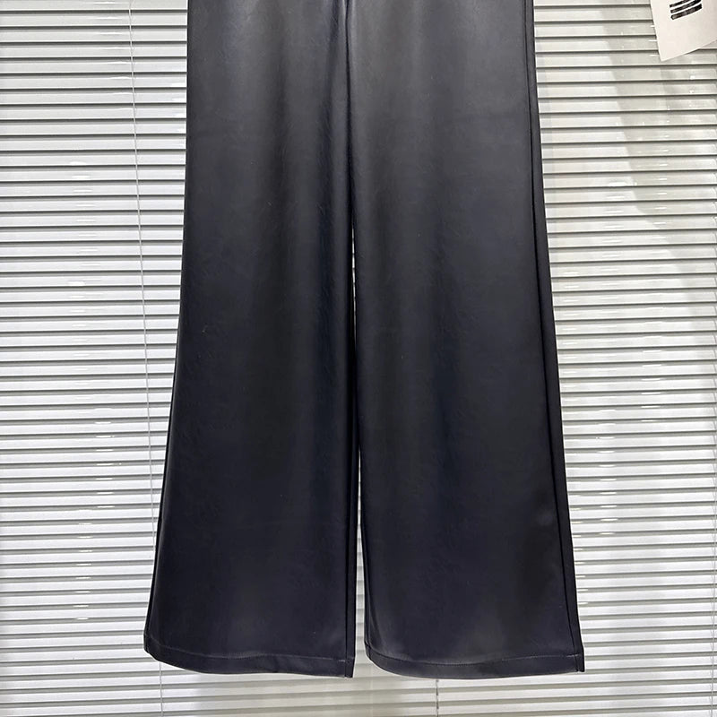Winter New Fashion Metal Rivet Design PU Leather Pants For Women High Waist Loose Wide-Leg Casual Pant 11A07827