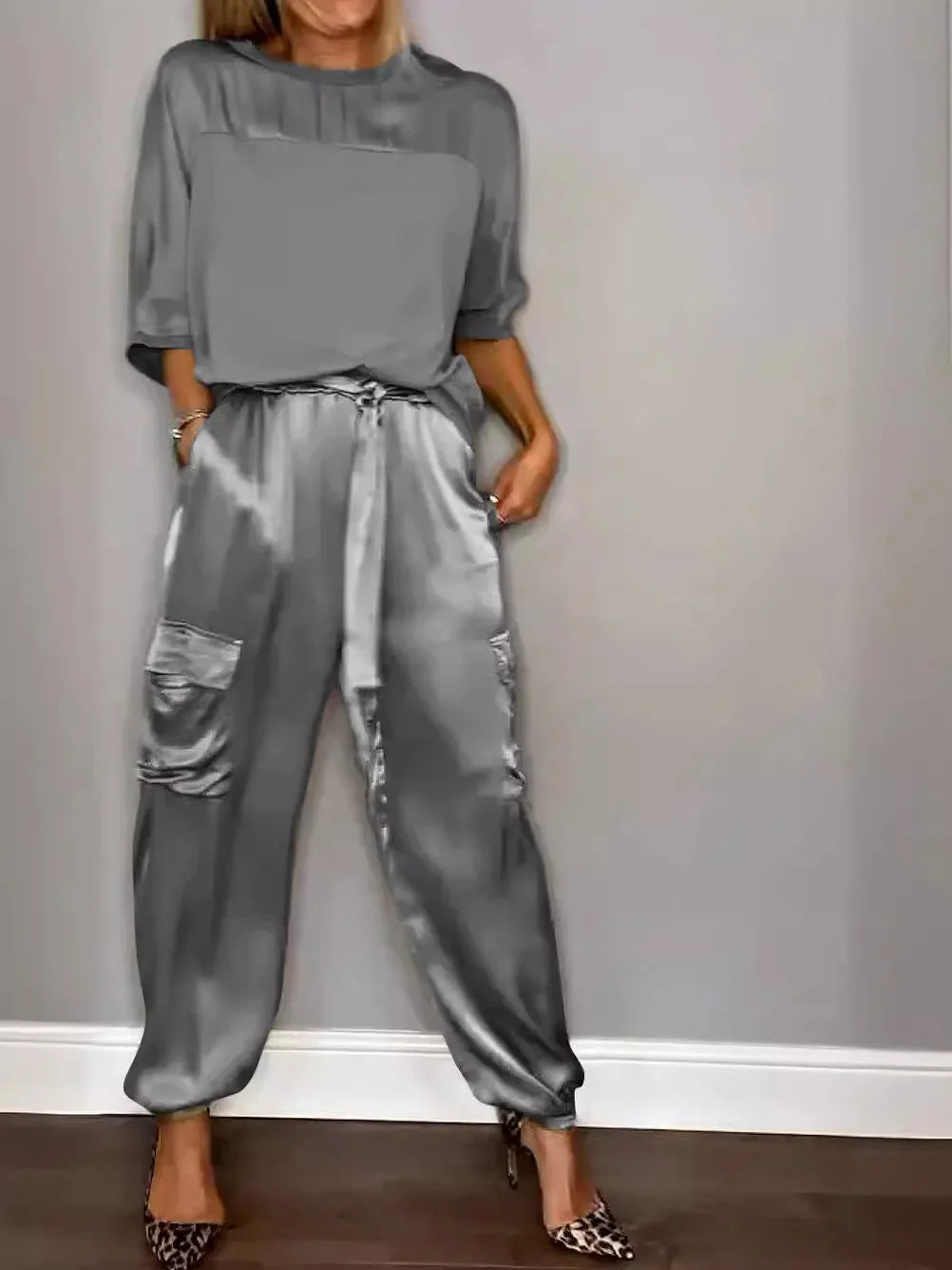 Summer Satin 2 Piece Set Women Casual Solid Color 2 Piece Outfit Half Sleeve Tops Loose Fit Pants Suit Two Piece Sets Gray