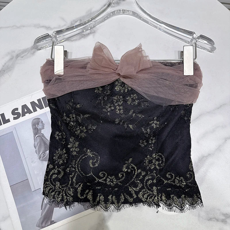 Winter New Fashion Chiffon Bowknot Patchwork Design Fishbone Strapless Vest For Women Backless Tank Tops 11A07939