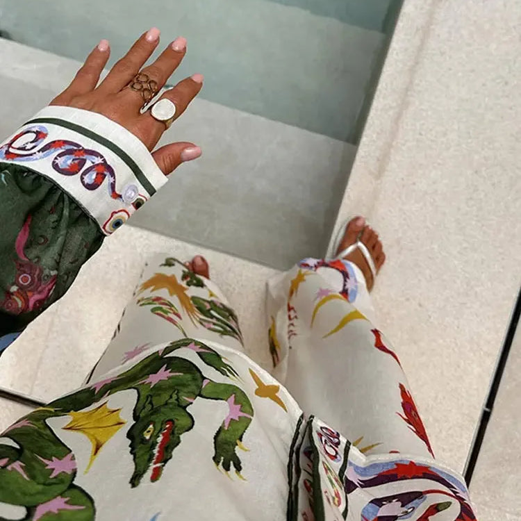 Stylish Printed Trousers 2 Piece Set Women's Casual Lapel Single Breasted Shirt Wide Leg Pant Sets Women Pomesia Vacation Suit Pants