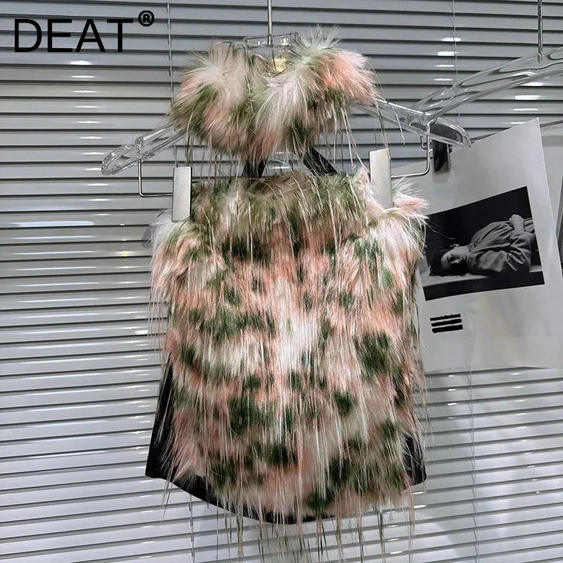 Winter New Fashion Leopard Print Contrast Color Fur Patchwork Backless Camisole For Women Halter Neck Vest 11A07607