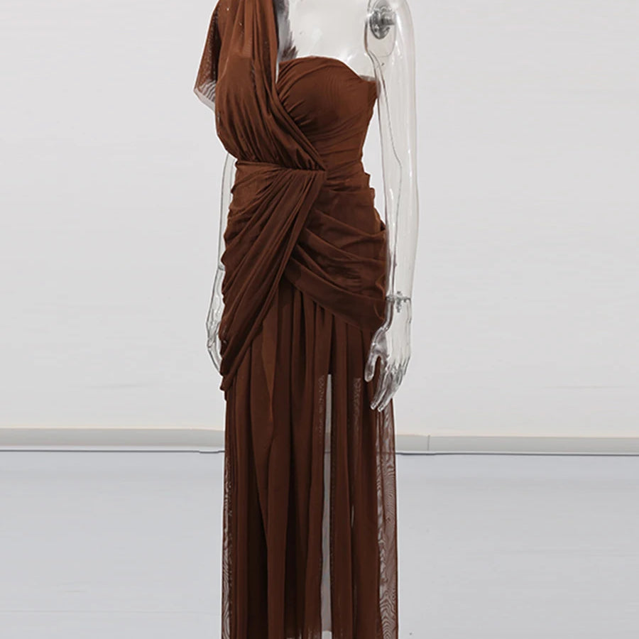 Solid Slimming Sheer Dresses for Women Diagonal Collar Sleeveless Patchwork Folds Irregular Dress Female Clothing