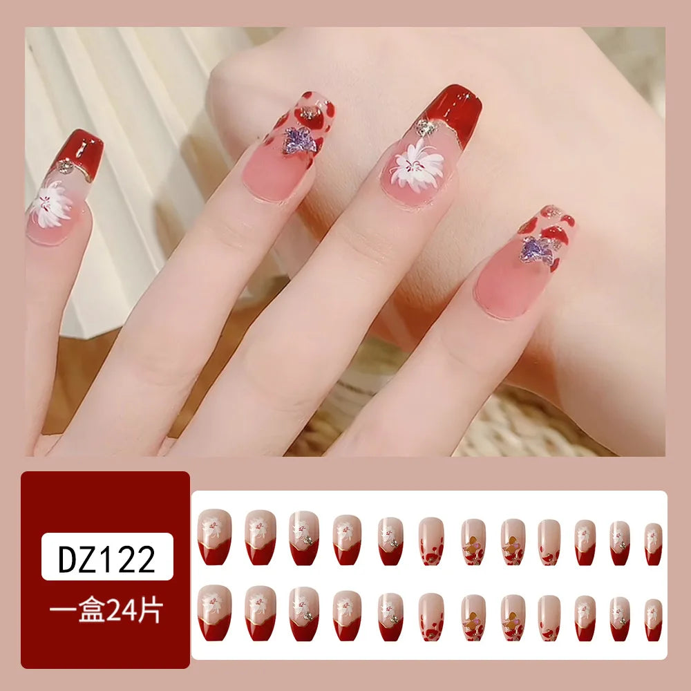 24Pcs Red Fake Nails with 3D White Flower Design Mid Length Coffin Press on Nails Wearable Korean Sweet Flower False Nails