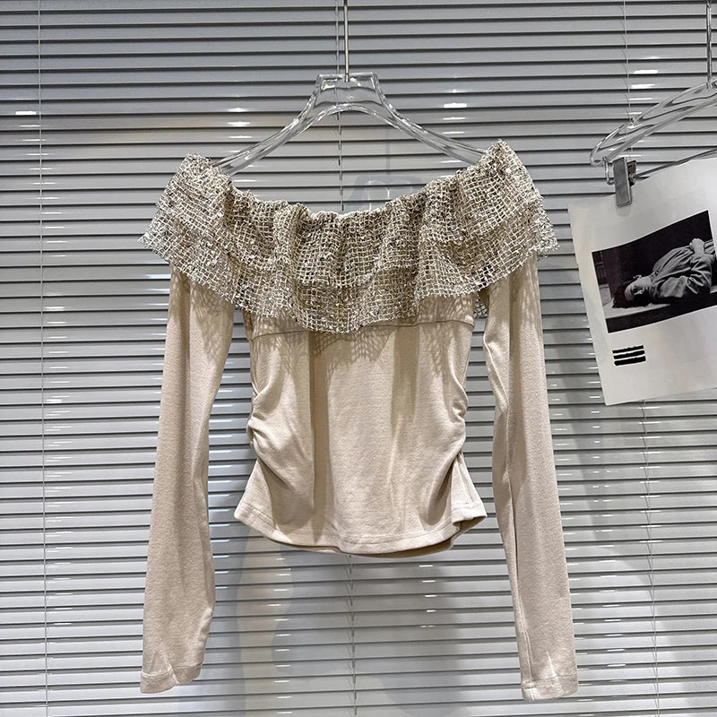 Winter New Fashion Sequin Hollow Layered Collar Long Sleeve T-Shirt For Women Slim Fit Off-shoulder Tops 11A07713 Khaki