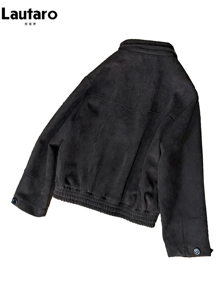 Lautaro Autumn Short Windproof Soft Brown Faux Suede Leather Jacket Men with Plaid Lining Inside Elegant Luxury Designer Clothes