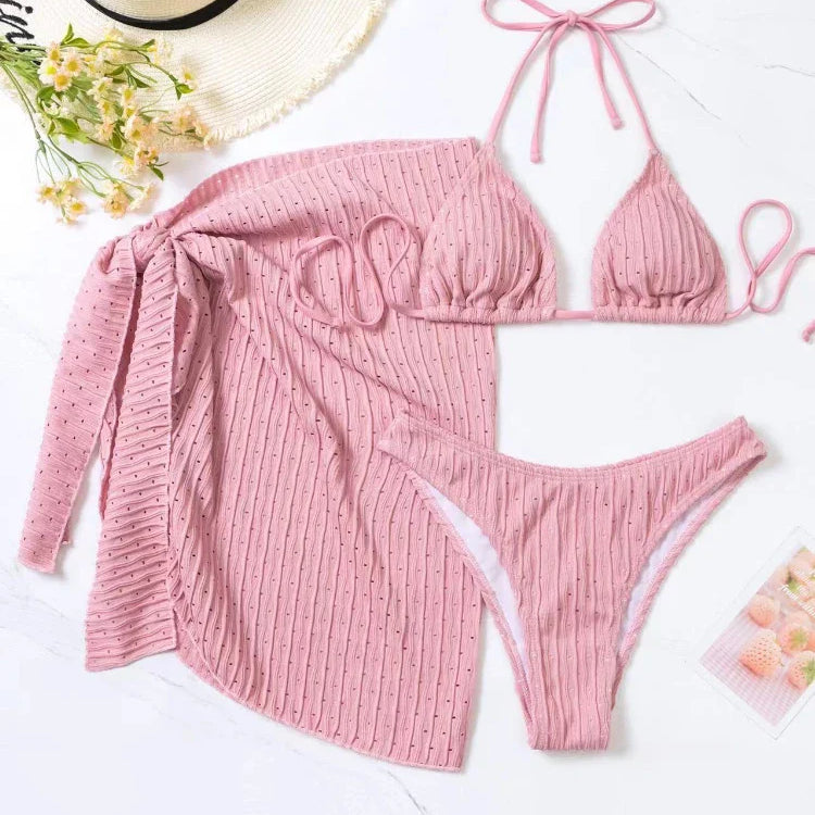 2023 New 3 Pieces Set Swimsuit Women Thong Swimwear Sexy Micro Bikini Set With Sarong Skirt White Beachwear Bathing Suit Pink pink
