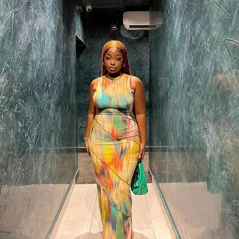 Women Halter Aesthetic Colorful Tie Dry Maxi Dress Hipster Striped Patchwork sleeveless Straight Robe Female Streetwear