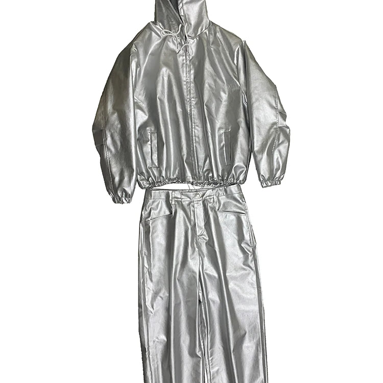 Mauroicardi Autumn Oversized Waterproof Silver Faux Leather Jacket Men with Drawstring Hood Zipper Loose Casual Korean Fashion