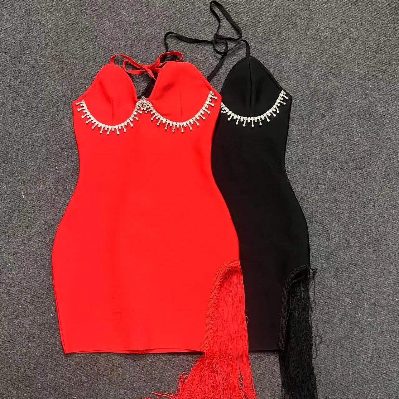 Red Black Women Sexy Halter Off the Shoulder Bodycon Mini Bandage Dress Tassel Celebrate Nightclub Party Bar Singer Outfit