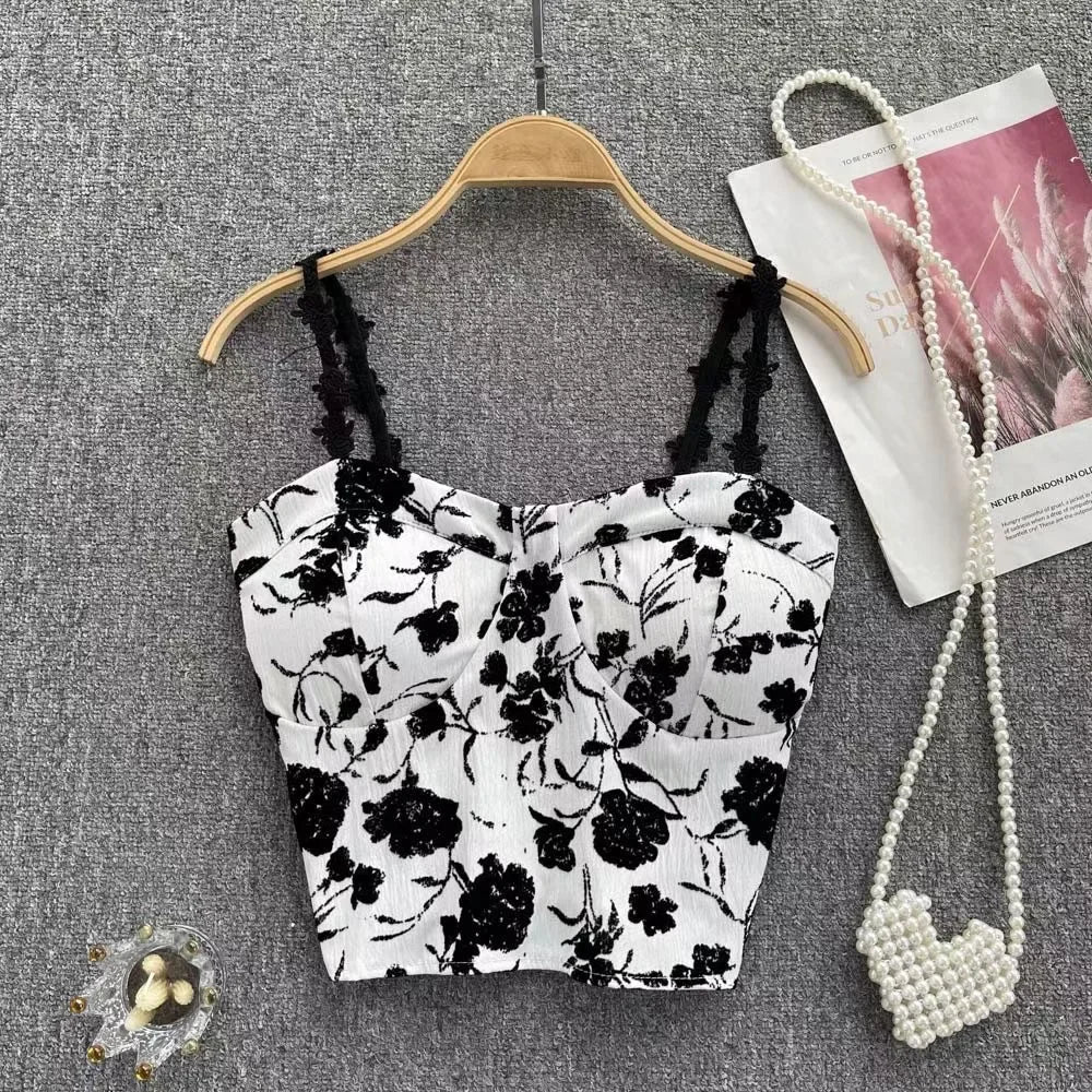 Women Summer Sweet Elastic Camis Underwear Padded Bra Spaghetti Cute Crop Tops Print Tank Tops for Women Backless Tops White One Size(40-60kg)