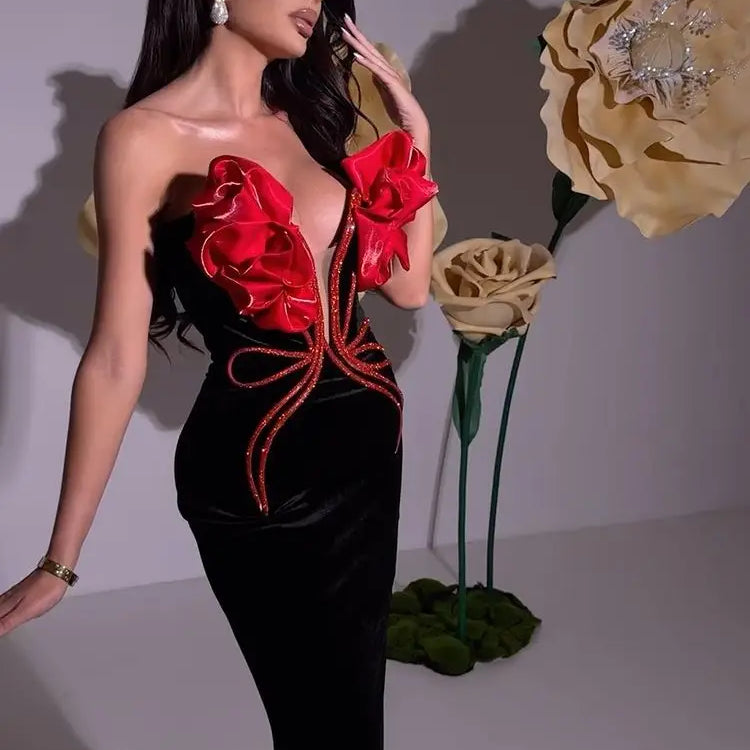 Black Red Florals Sexy Strapless Diamond Line Bodycon Bandage Long Dress Fashion Celebrate Nightclub Party Wear