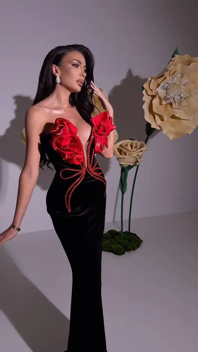 Black Red Florals Sexy Strapless Diamond Line Bodycon Bandage Long Dress Fashion Celebrate Nightclub Party Wear