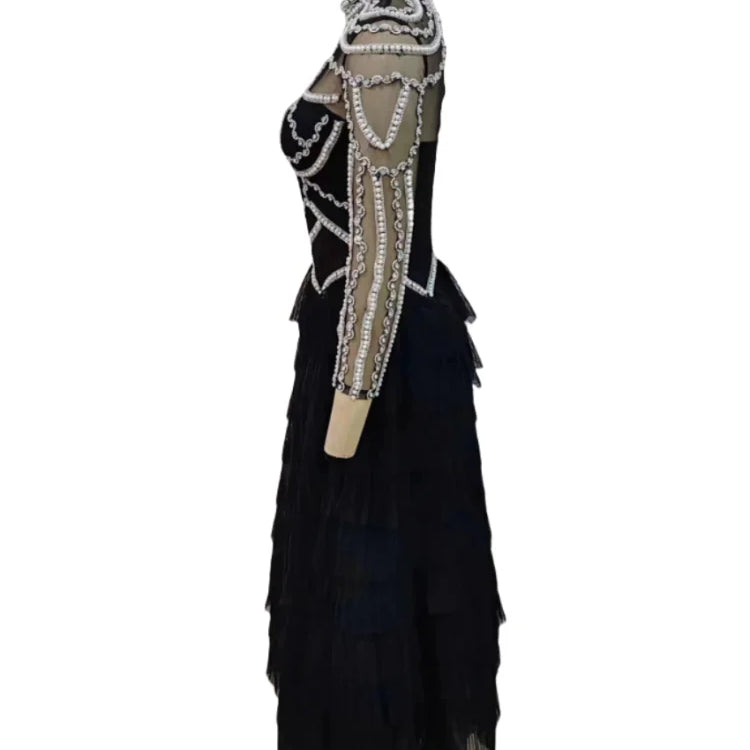 Shining Diamonds Pearl Beading Sexy See Through Mesh Ball Gown Dress Woman Birthday Party Vestido Celebrity Party Outfit