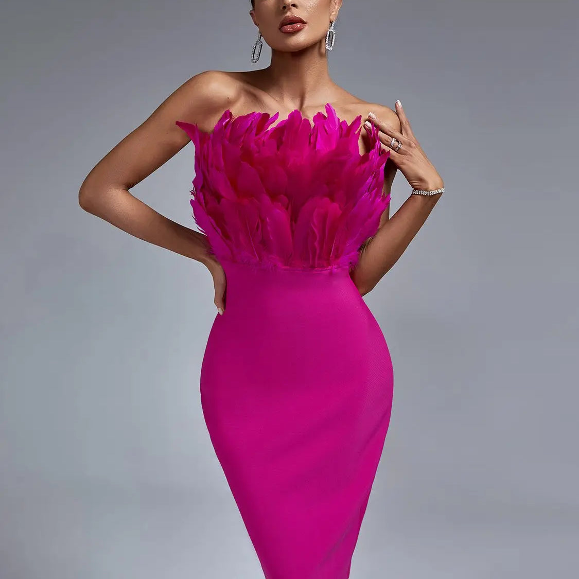 White Bandage Dress Women Feather Party Dress Bodycon Elegant Midi Sexy Strapless Evening Birthday Club Outfits Summer 2023