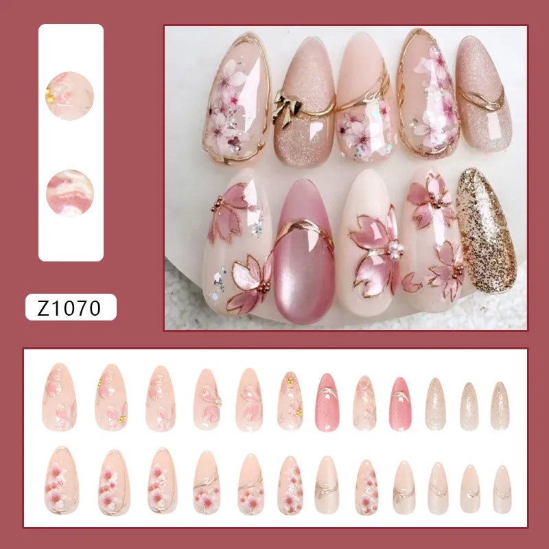 24pcs False Nails Glossy Green Summer Almond Fake Nail Tips Wearable Detachable Fashion Flower Print Press on Nails for Girl 3