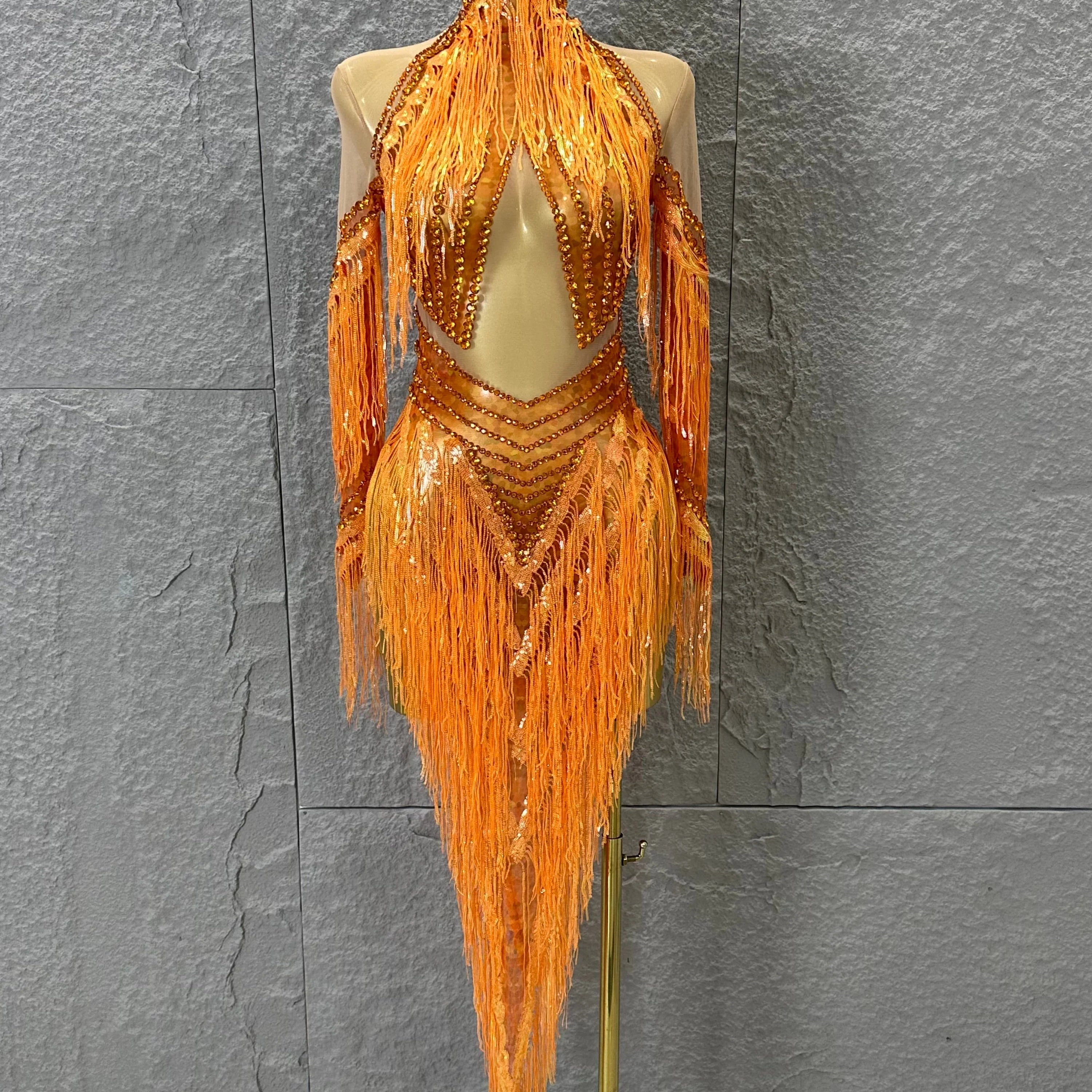 Sparkly Orange Rhinestone Fringe High Neck Dress Women Sheer Mesh Embellished Latin Dance Performance Costume Orange