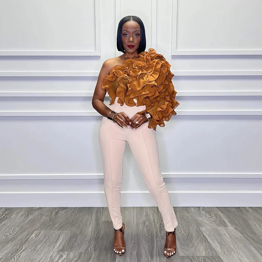 Women Ruffles One Sleeve Skew Collar Tunic Blouse and Shirt Tops 2024 Summer Streetwear Night Club Party Beach Tops Yellow