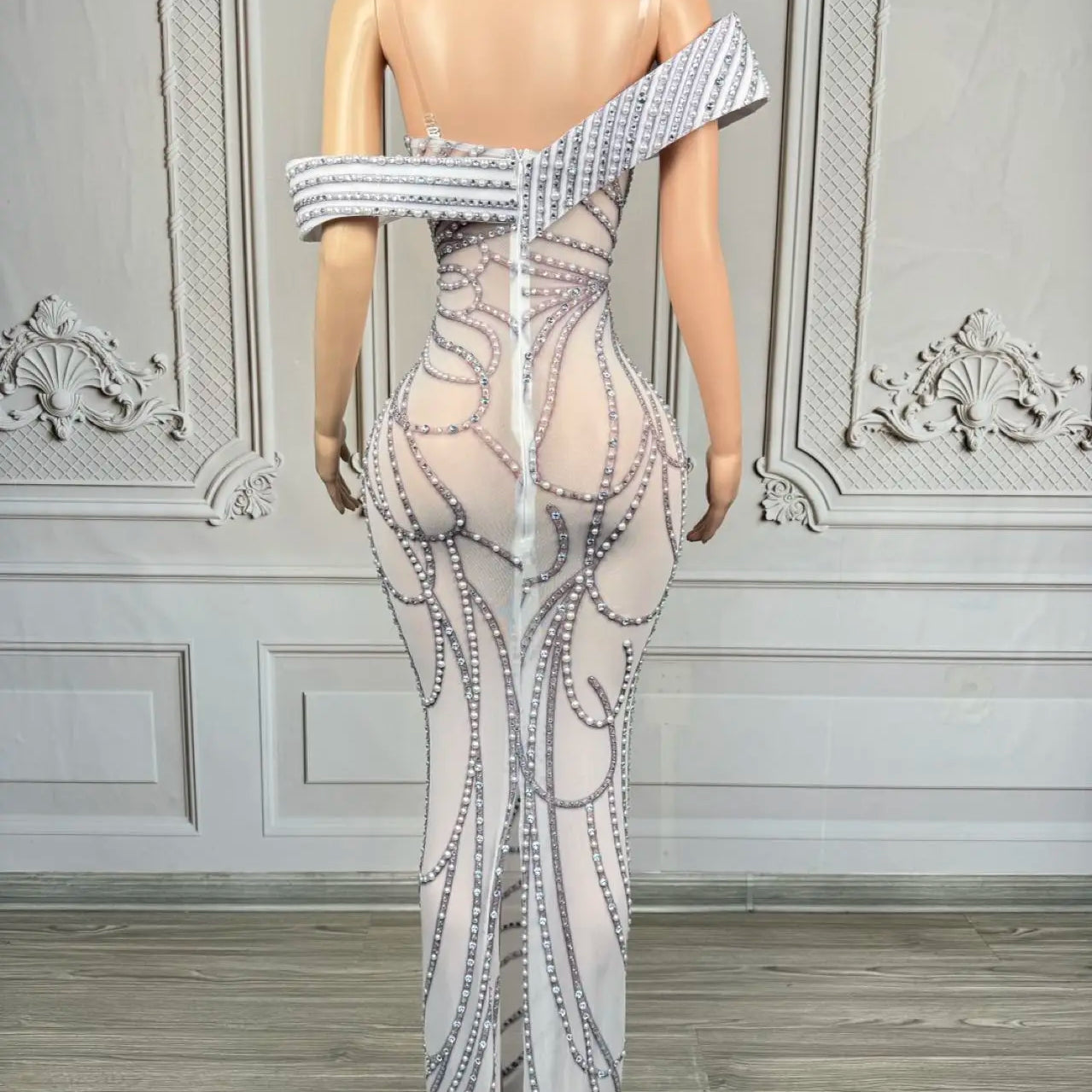 High-end Luxury Pearls Elegant Evening Gown Sheer Mesh Tight Fitting Long Dress Festival Prom Outfit Club Wear Party Dress Moli