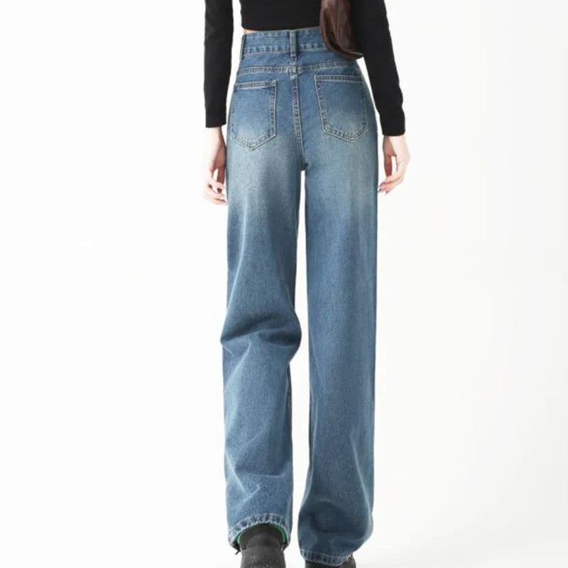 Plus Size XS-XL Wide Leg Women's Jeans High Waist Straight Loose Long Pants Female Blue Color Denim Pants Rework Spring Summer
