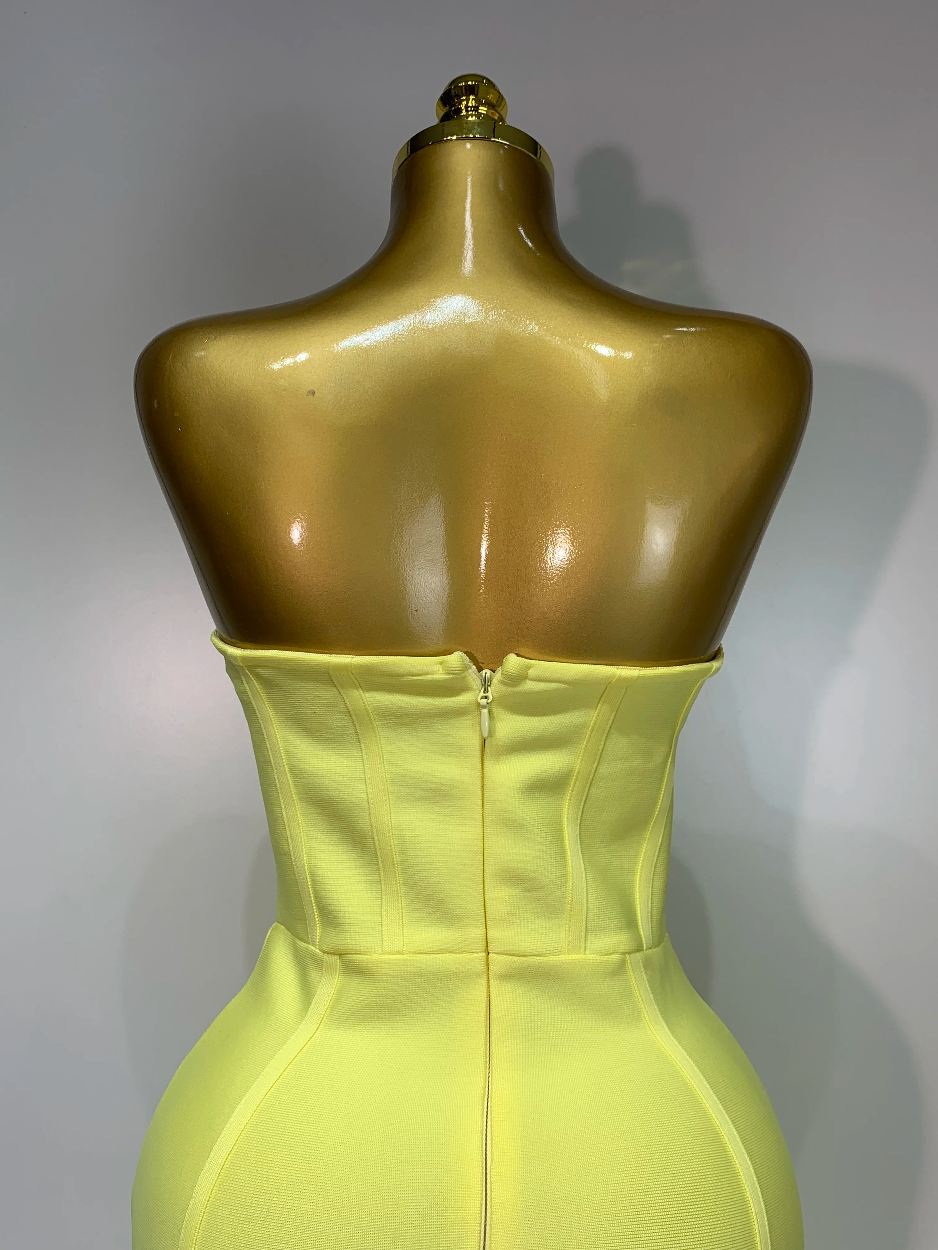 Newest 2025 Women Strapless Sexy Yellow Stretch Bodycon Bandage Dress Elegant Evening Party Luxury Birthday Celebrity Prom Gown