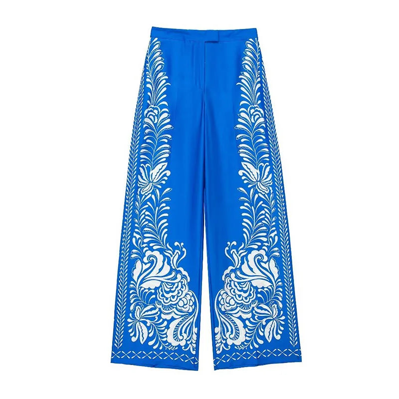 TRAFZA Women Suits Print Turn-Down Collar Long Sleeves Single Breasted Casual Shirts+High Waist Pockets Zipper Wide Leg Pants blue pant