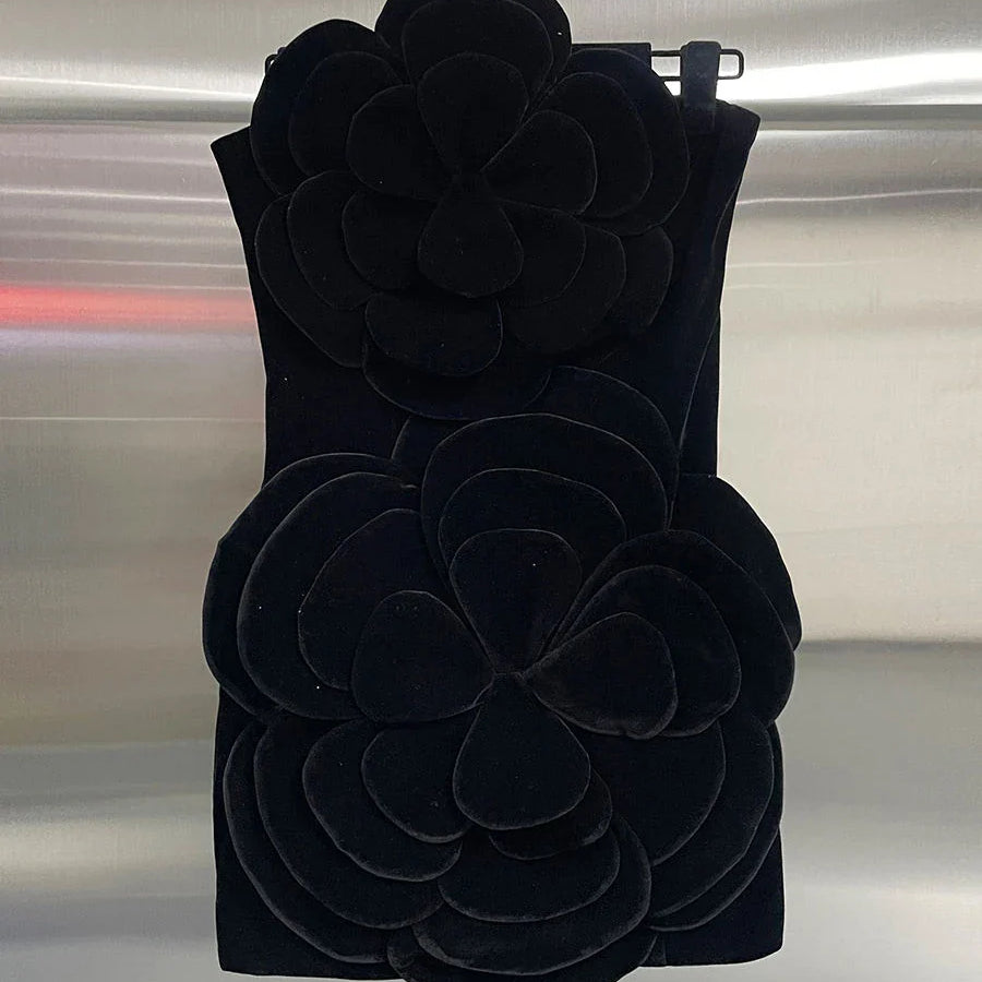 Solid Slimming Temperament Mini Dresses for Women Strapless Sleeveless Patchwork 3D Flowers Dress Female Clothing BLACK