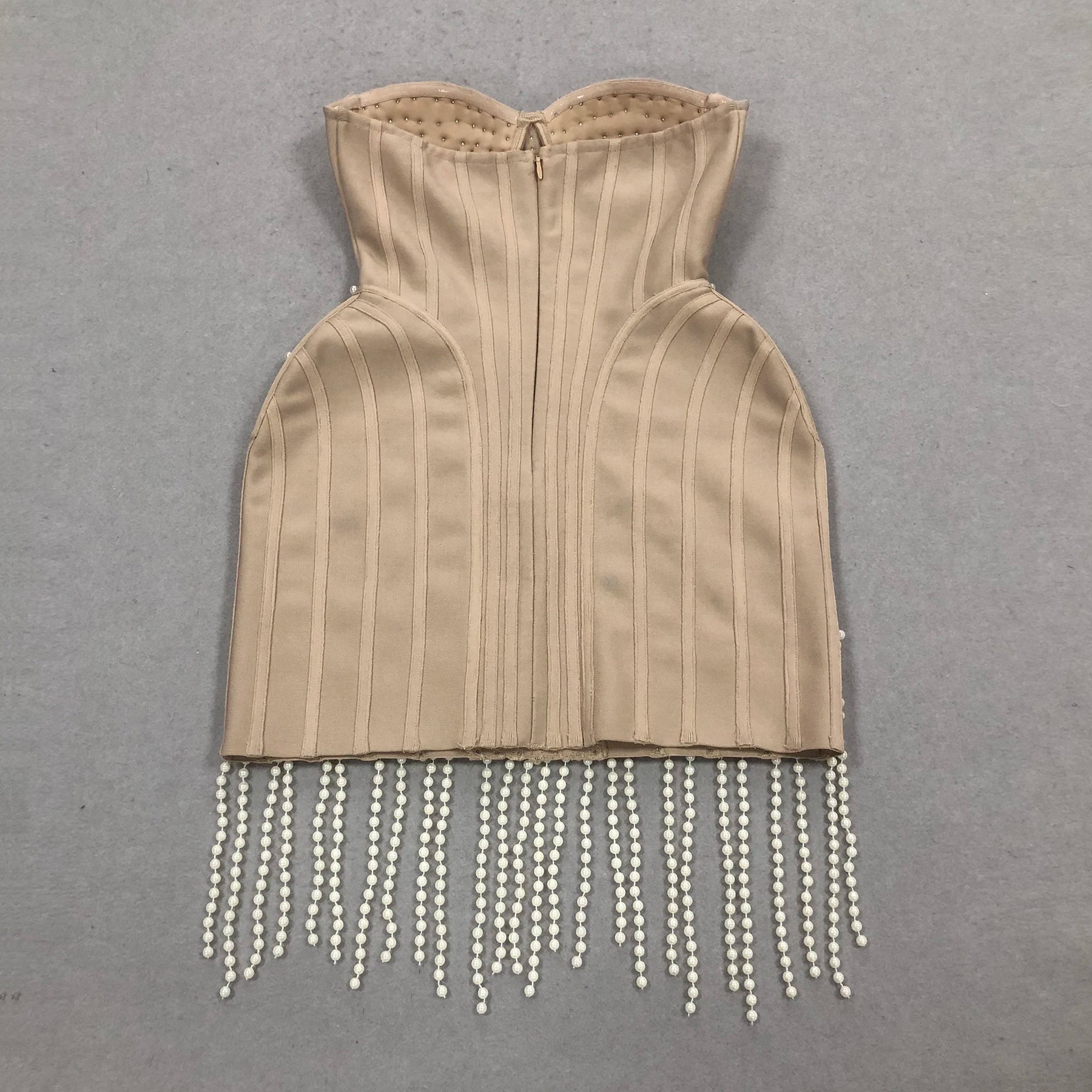 Exquisite Pearl Beading Strapless Khaki Color Bandage Mini Dress Fashion Woman Birthday Party Vestido Evening Party Outfit