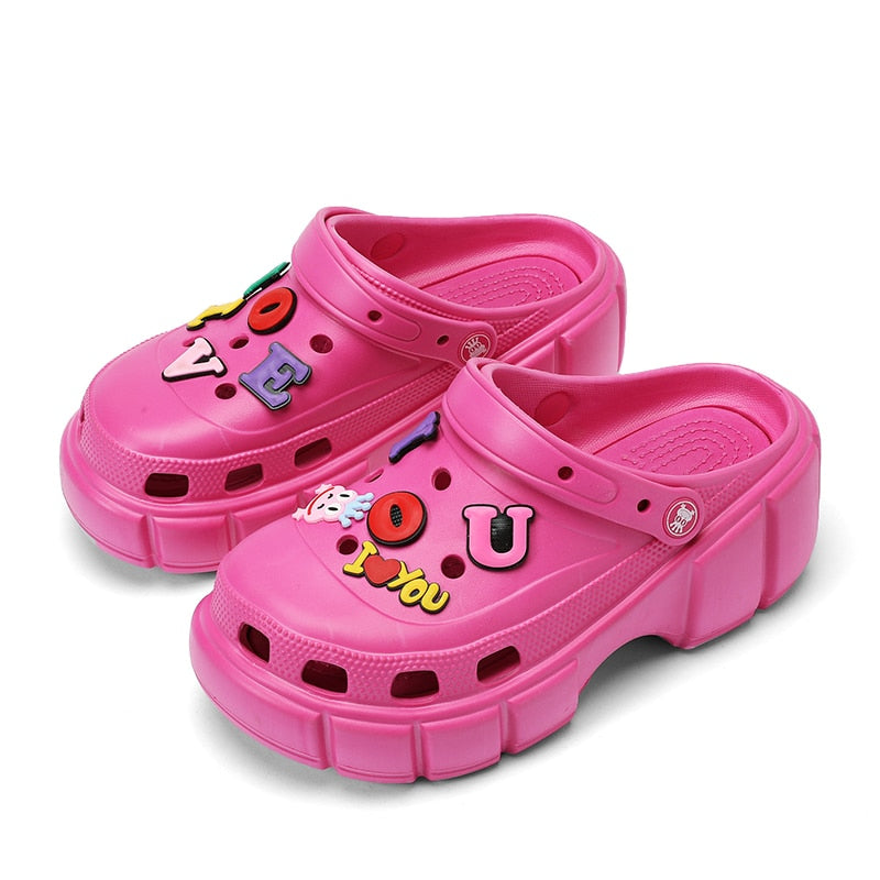 Summer Women Slippers 6cm Platform Sandals Outdoor Clogs Street Beach Slippers Massage Indoor Home Bathroom Slides Flip Flops Rosy Red