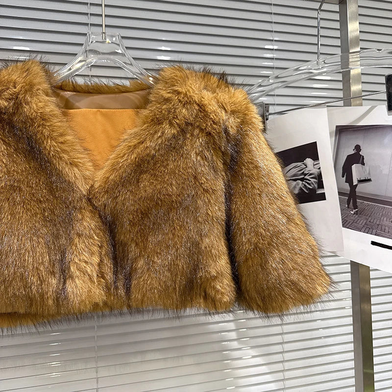 Winter New Style Fashion Faux Fur Short Coat Shawl For Women Solid Color V-neck High Waist Tops Female 11A07686