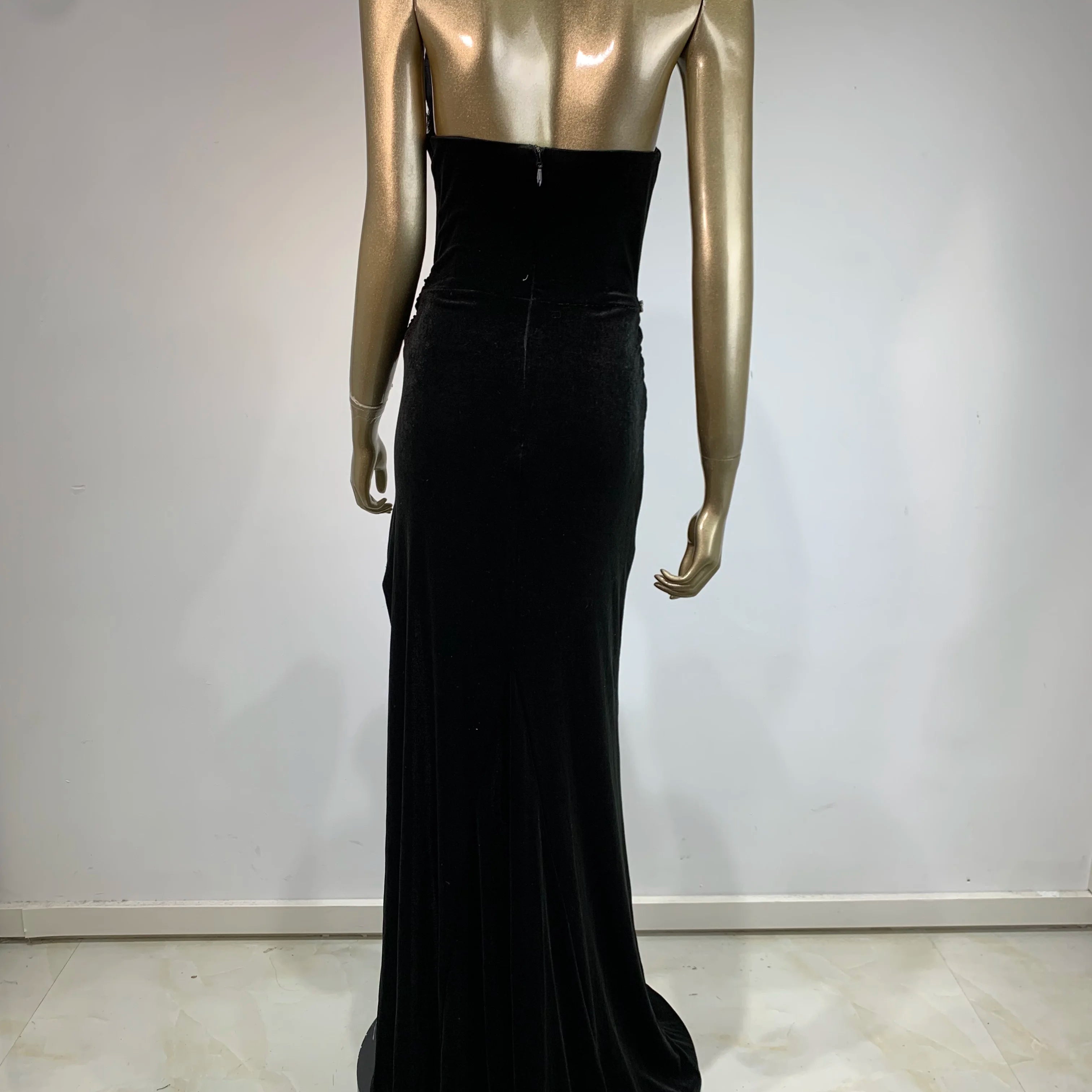 Sexy Strapless Backless Split Diamonds Black Velvet Maxi Long Women Celebrity Dress 2024 Elegant Party Evening Club Vestido