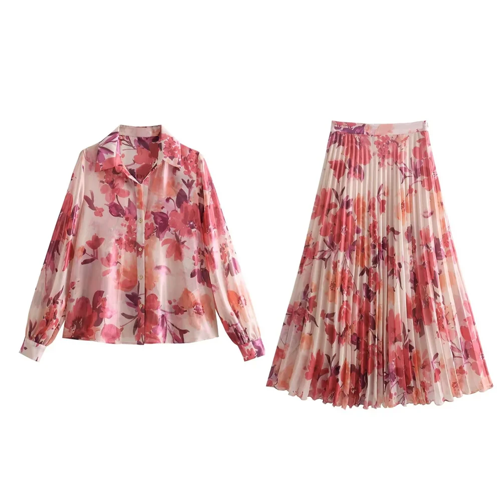 Taop&Za Women's temperament loose floral print long sleeved shirt/high waisted pleated skirt half skirt two piece set