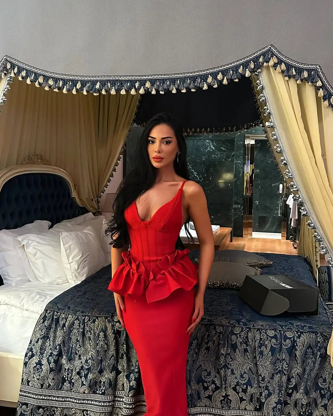 Valentine's Day Women Sleeveless V-Neck Ruffles Bodycon Long Bandage Dress Celebrate Evening Party Birthday Cocktail Dress