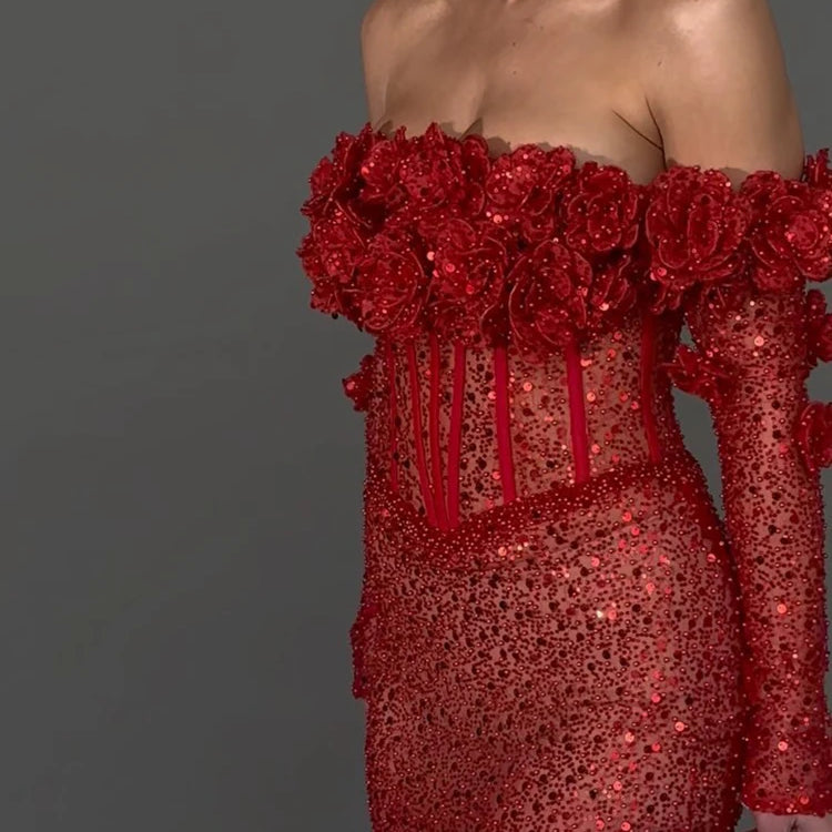 Red Structured Flower Boned Bodice Christmas Long Dress For Women Long Sleeves Sequins Mermaid Party Evening Gown