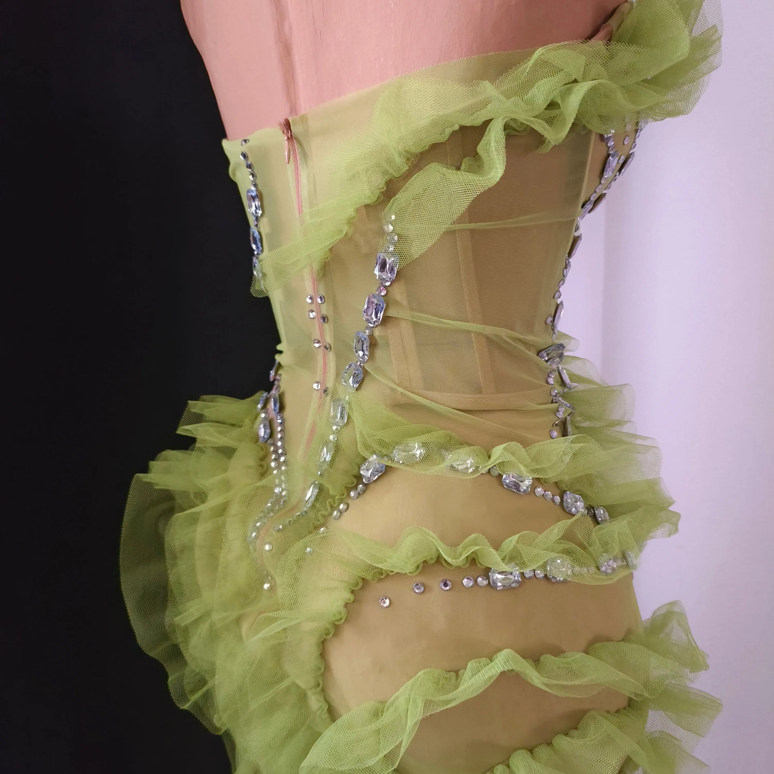 Sparkly Green Sheer Mesh Flowy Ruffle Crystal Rhinestone Dress Slim-fit Nightclub Party Stage Performance Clubwear Outfit