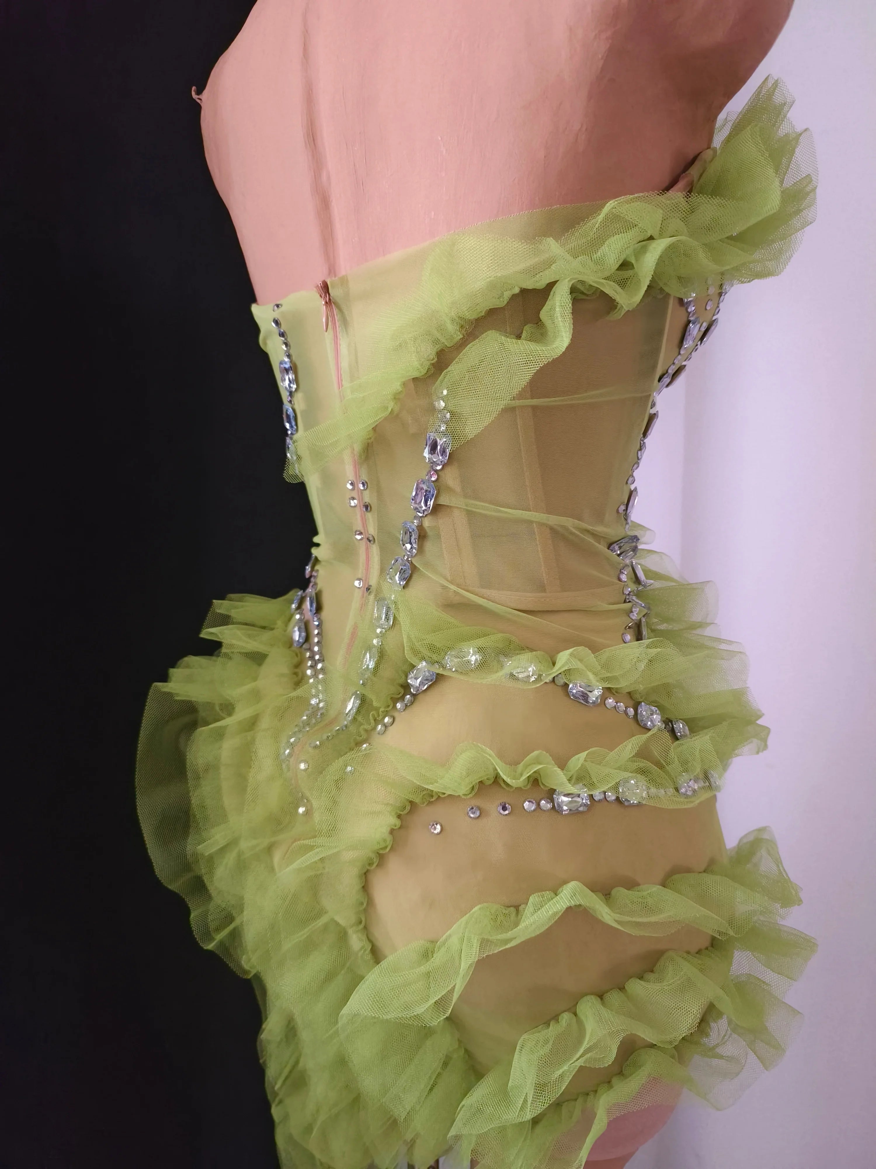 Sparkly Green Sheer Mesh Flowy Ruffle Crystal Rhinestone Dress Slim-fit Nightclub Party Stage Performance Clubwear Outfit