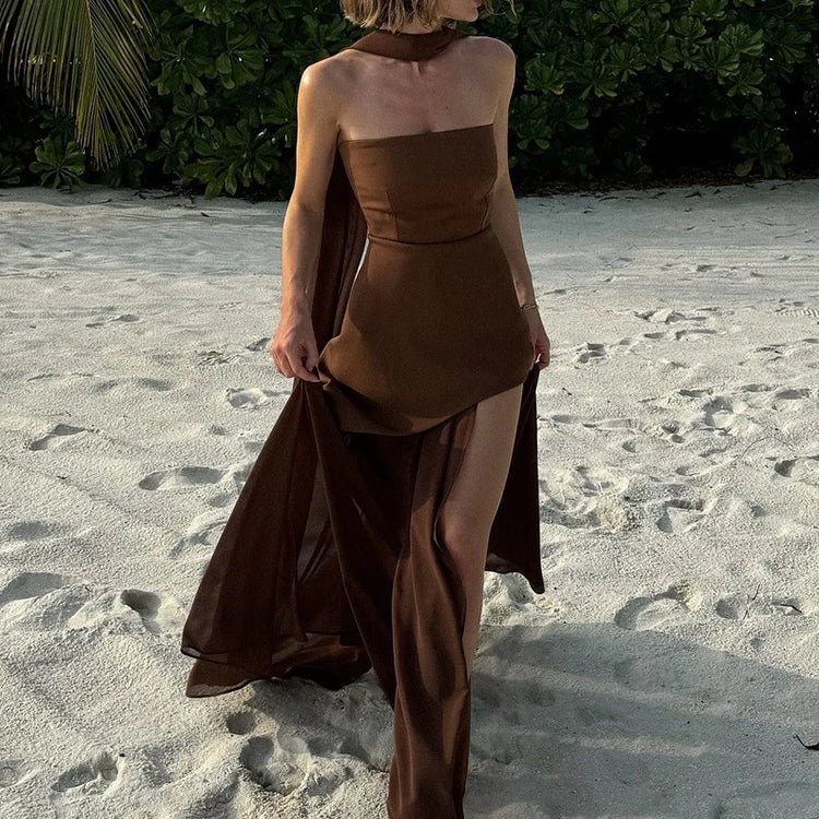 Mozision Elegant Strapless Sexy Maxi Dress For Women Gown With Scarf Off-shoulder Sleeveless Backless Split Beach Long Dress Brown