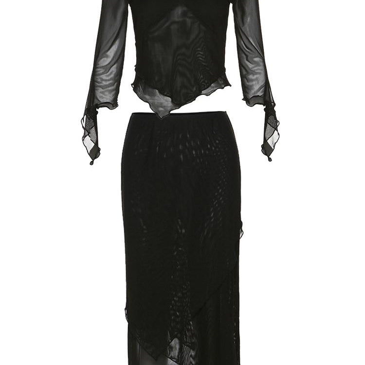 Tawnie Y2K Mesh Skirt 2 Pieces Sets Women 2024 Summer Casual V Neck Long Sleeve Crop Top Bodycon Maxi Skirt Matching Sets Outfit