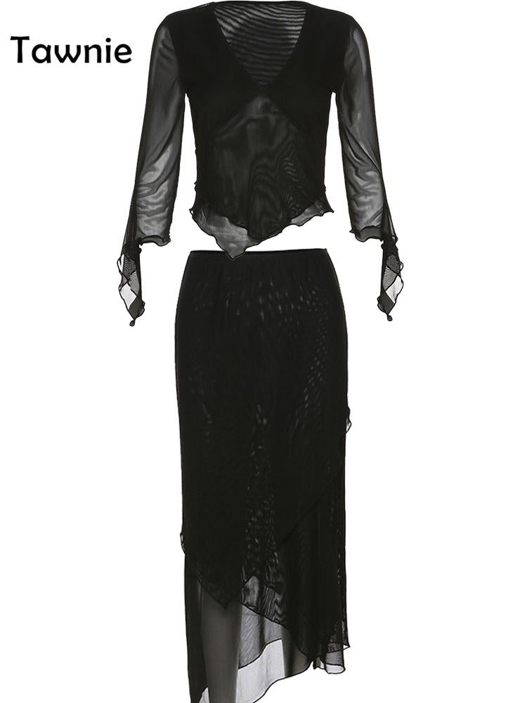 Tawnie Y2K Mesh Skirt 2 Pieces Sets Women 2024 Summer Casual V Neck Long Sleeve Crop Top Bodycon Maxi Skirt Matching Sets Outfit