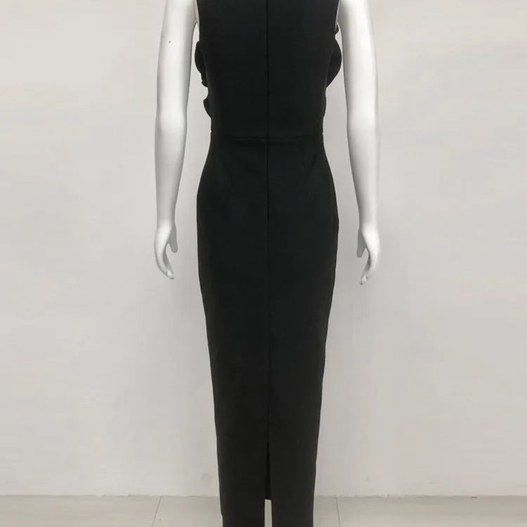 Chic Women Celebrity Sexy Deep V Neck Flower Black Maxi Long Bandage Bodycon Dress 2025 Elegant Evening Club Party Outfit