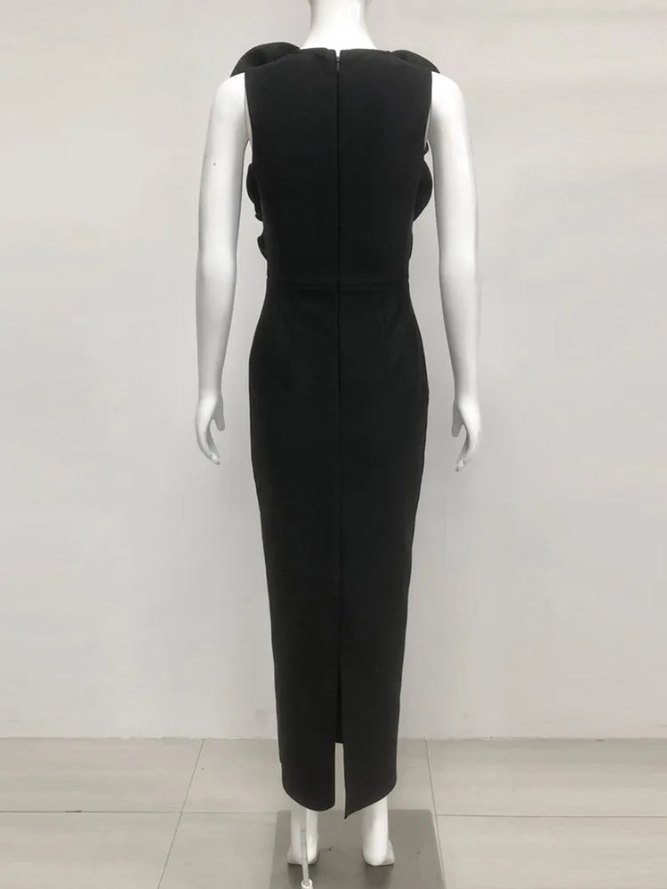 Chic Women Celebrity Sexy Deep V Neck Flower Black Maxi Long Bandage Bodycon Dress 2025 Elegant Evening Club Party Outfit